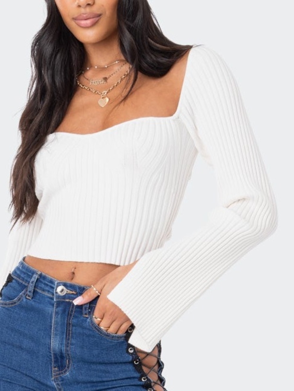Edikted Robbie‎ Sweetheart Ribbed Knitted Top bell sleeve boho festival